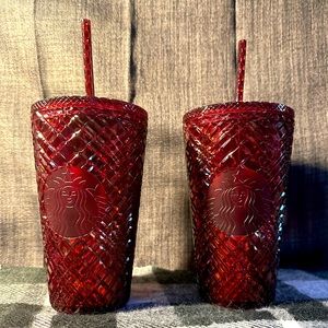 Two Starbucks Red Jeweled 16 oz Tumbler